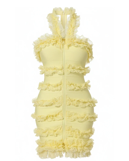 Halter Lace Ruffle Dress Yellow HV2383