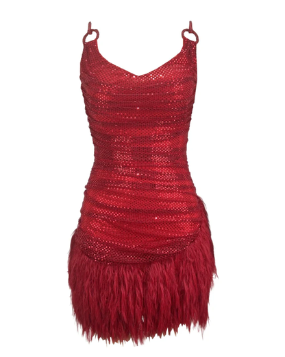 Draped Sparkly Feather Dress Red HV2496