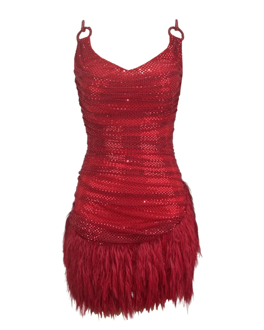 Draped Sparkly Feather Dress Red HV2496