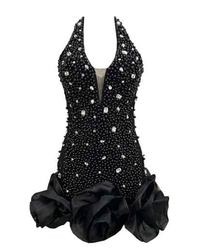 Halter Embellished Floral Hem Dress Black HV2494