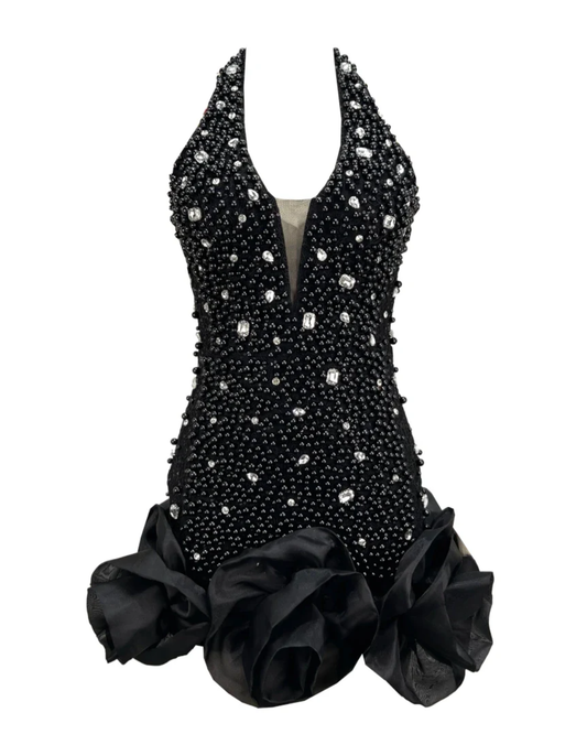 Halter Embellished Floral Hem Dress Black HV2494