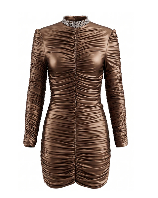 Long Sleeve Ruched Dress Brown HV2956