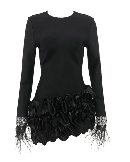 Crystal Feather Long Sleeve Ruffle Detail Dress Black HV2510