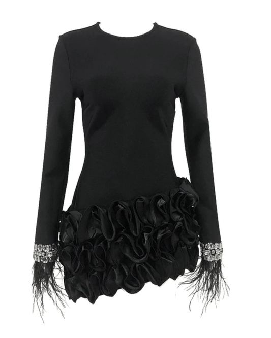 Crystal Feather Long Sleeve Ruffle Detail Dress Black HV2510