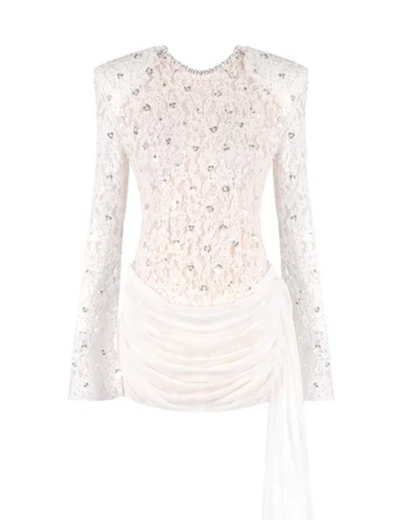 Long Sleeve Draped Sequin Lace Dress White HV0002