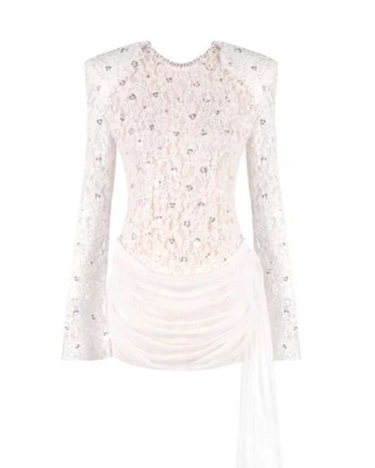 Long Sleeve Draped Sequin Lace Dress White HV0002