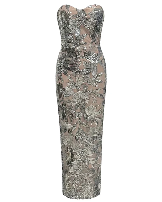 Strapless Sequin Floral Maxi Dress Silver