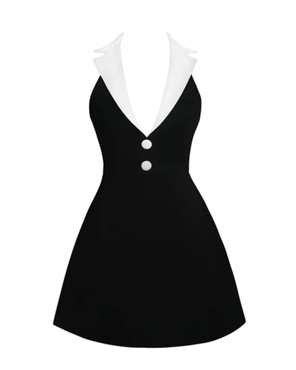 Halter Lapel Collar Dress Black White HV2543