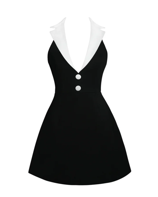 Halter Lapel Collar Dress Black White HV2543