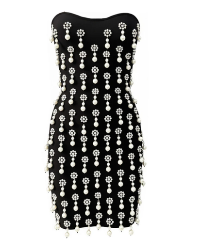Strapless Crystal Pearl Embellished Dress Black HV2610