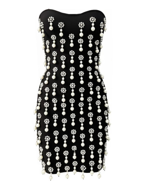 Strapless Crystal Pearl Embellished Dress Black HV2610