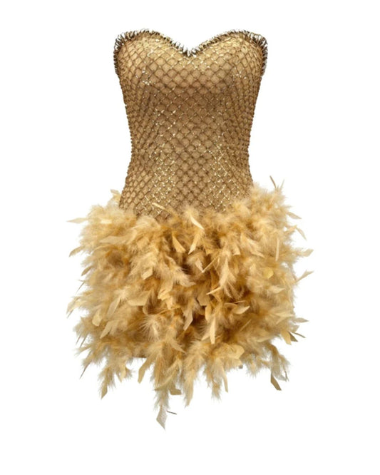 Crystal Strapless Feather Dress Gold HV2700