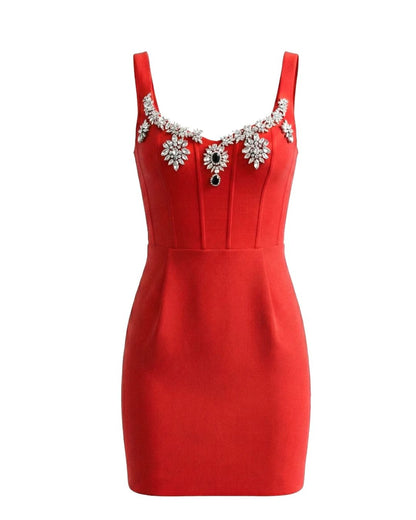 Crystal Neckline Dress Red HV2706