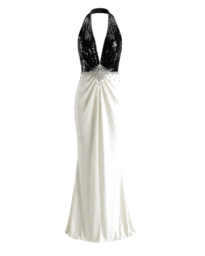 Halter Crystal Detail Sequin Maxi Dress Black White HV2872