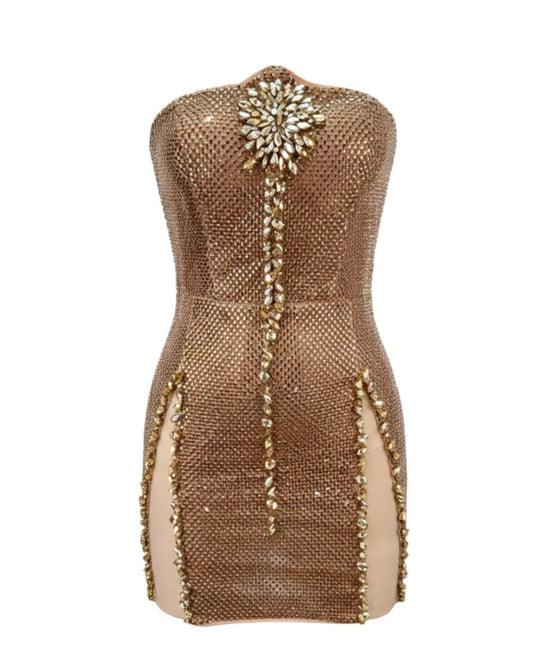 Strapless Crystal Detail Sparkly Dress Gold HV2676