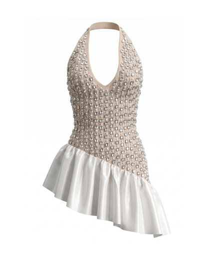 Halter Crystal Ruffle Dress Nude White HV3027