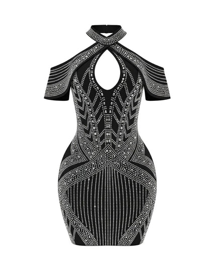 Halter Crystal Embellished Dress Black HV2638