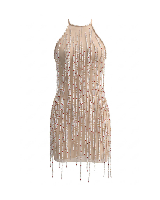 Halter Beaded Tassel Dress Nude HV3028