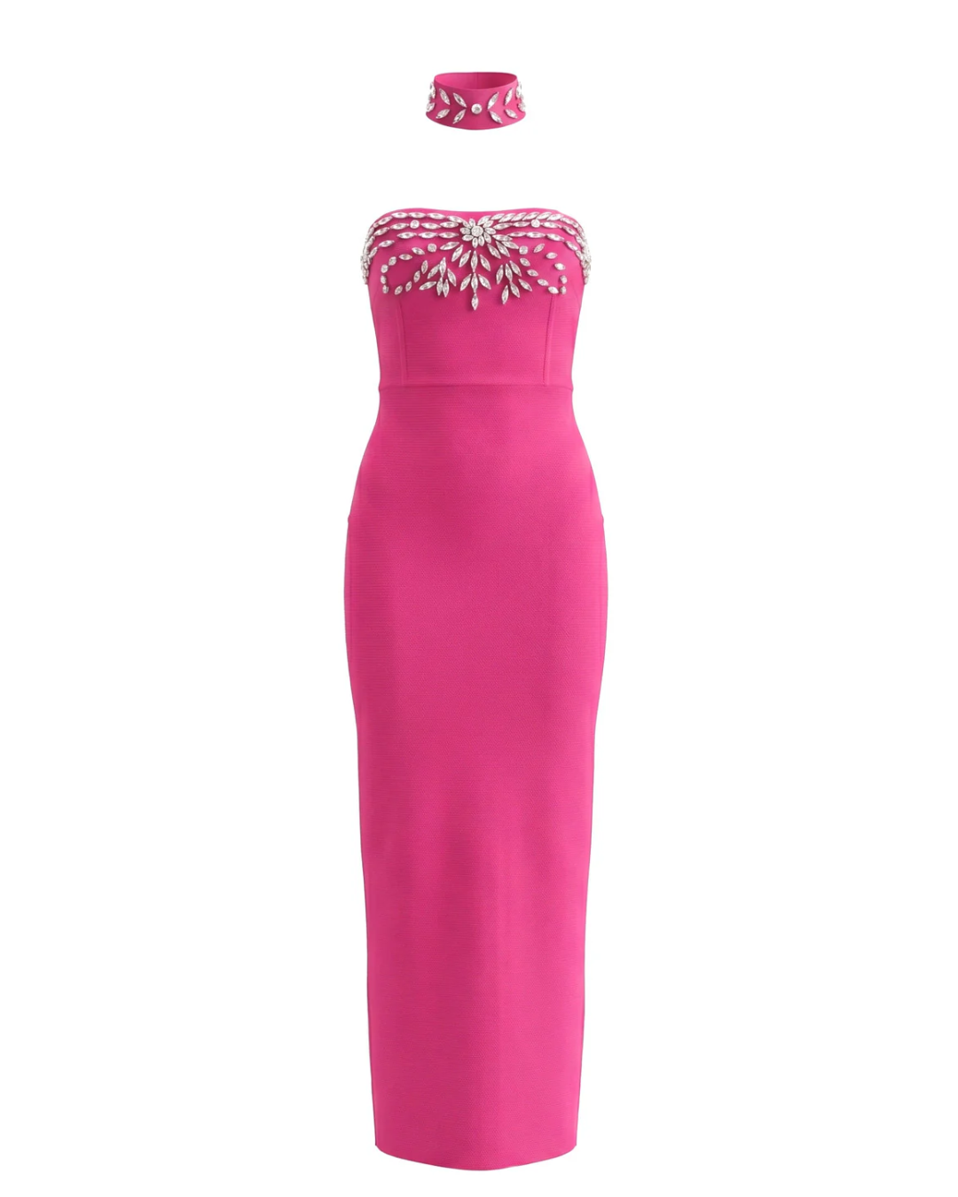 Strapless Crystal Choker Maxi Dress Hot Pink HV2990