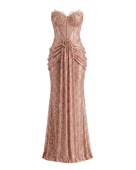 Strapless Bustier Sequin Maxi Dress Coral Pink HV3013