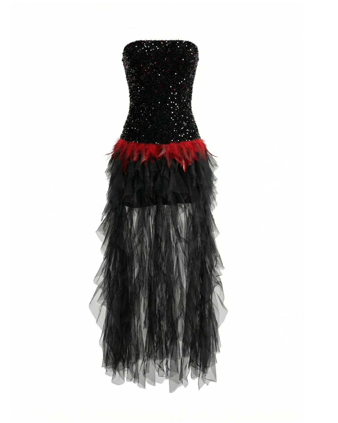 Strapless Sequin Ruffle Maxi Dress Black Red HV2760