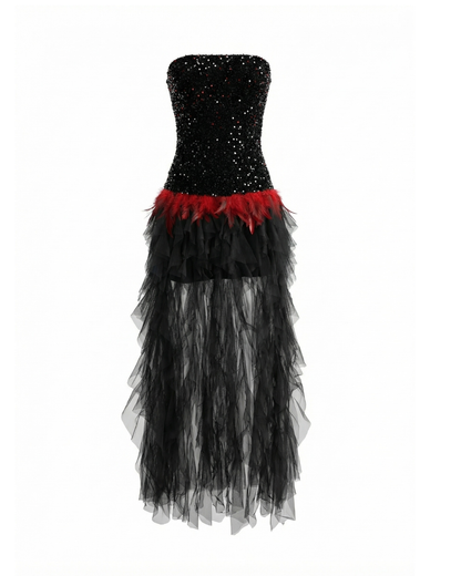 Strapless Sequin Ruffle Maxi Dress Black Red HV2760