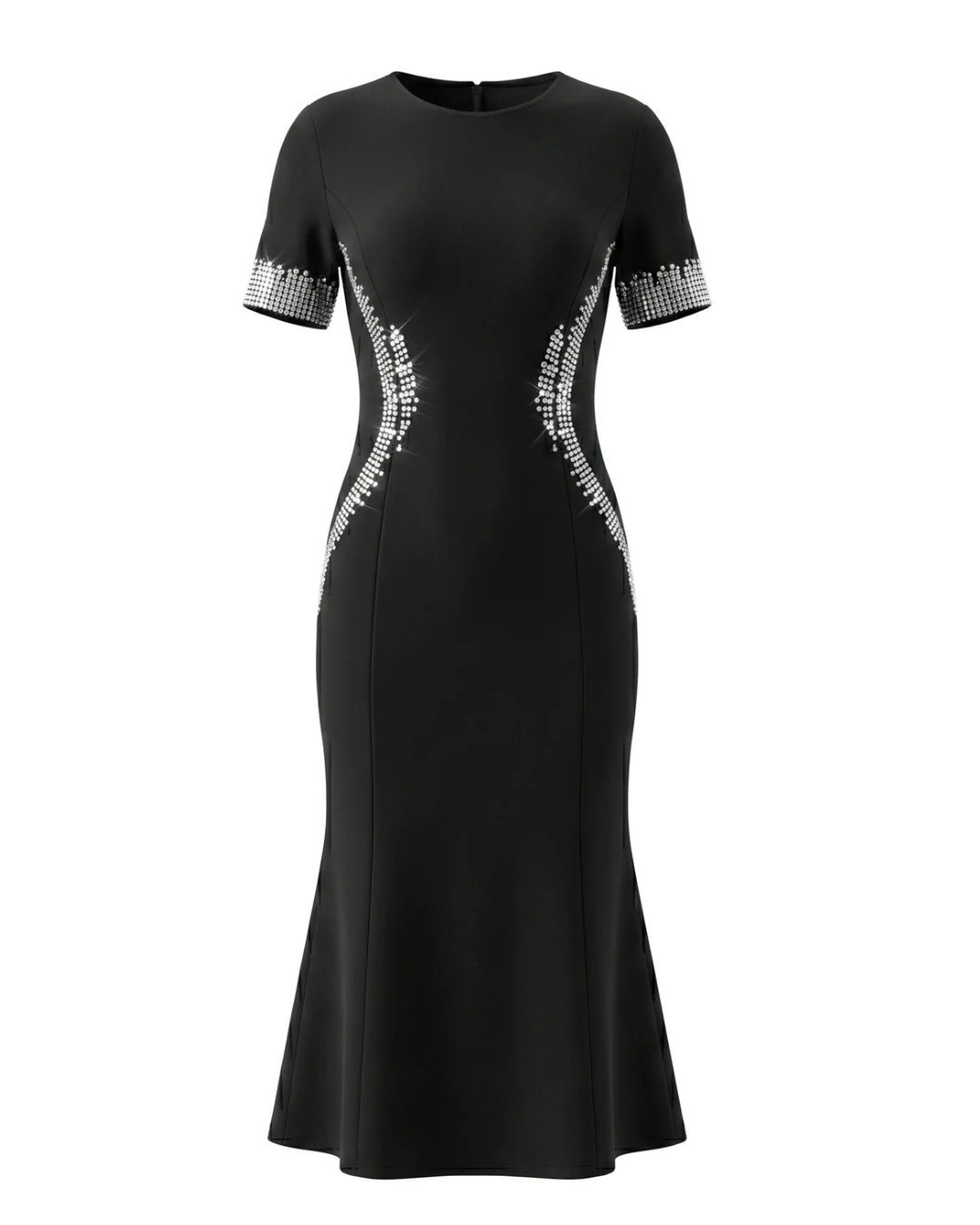 Short Sleeve Crystal Fluted Midi Dress Black HV3012