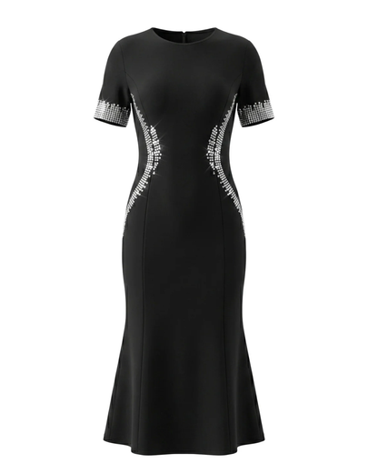 Short Sleeve Crystal Fluted Midi Dress Black HV3012