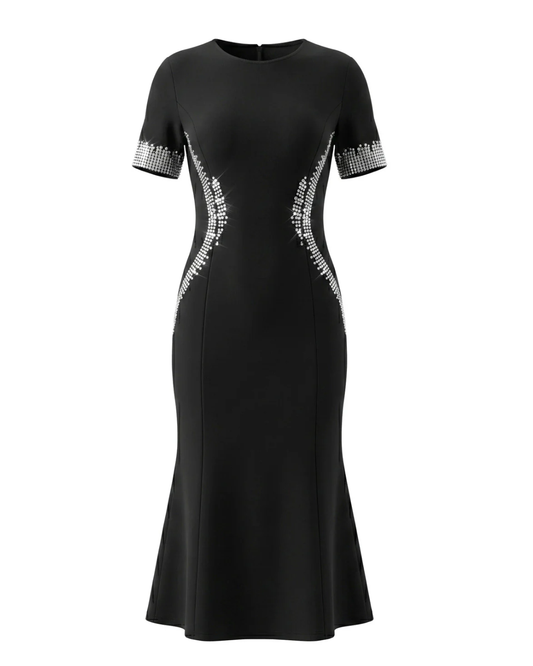 Short Sleeve Crystal Fluted Midi Dress Black HV3012