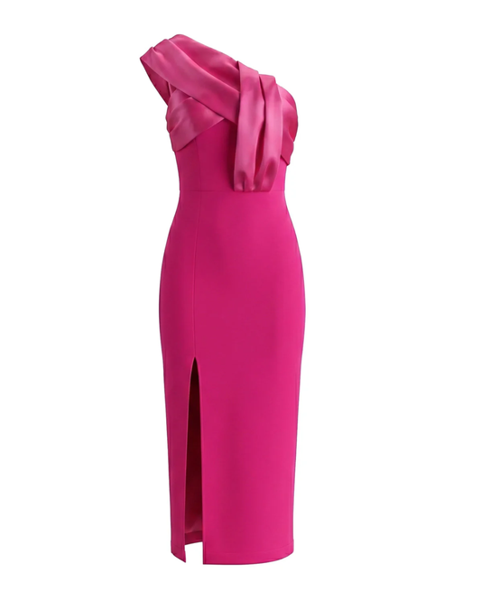 One Shoulder Draped Midi Dress Hot Pink HV3004