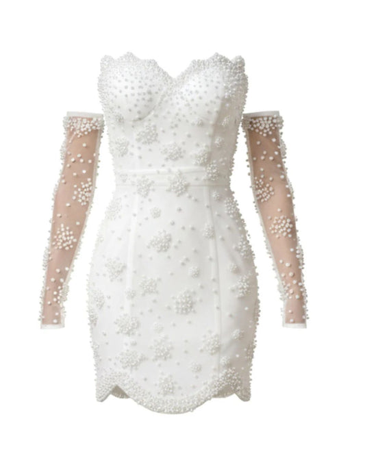 Strapless Pearl Bustier Dress White HV2623