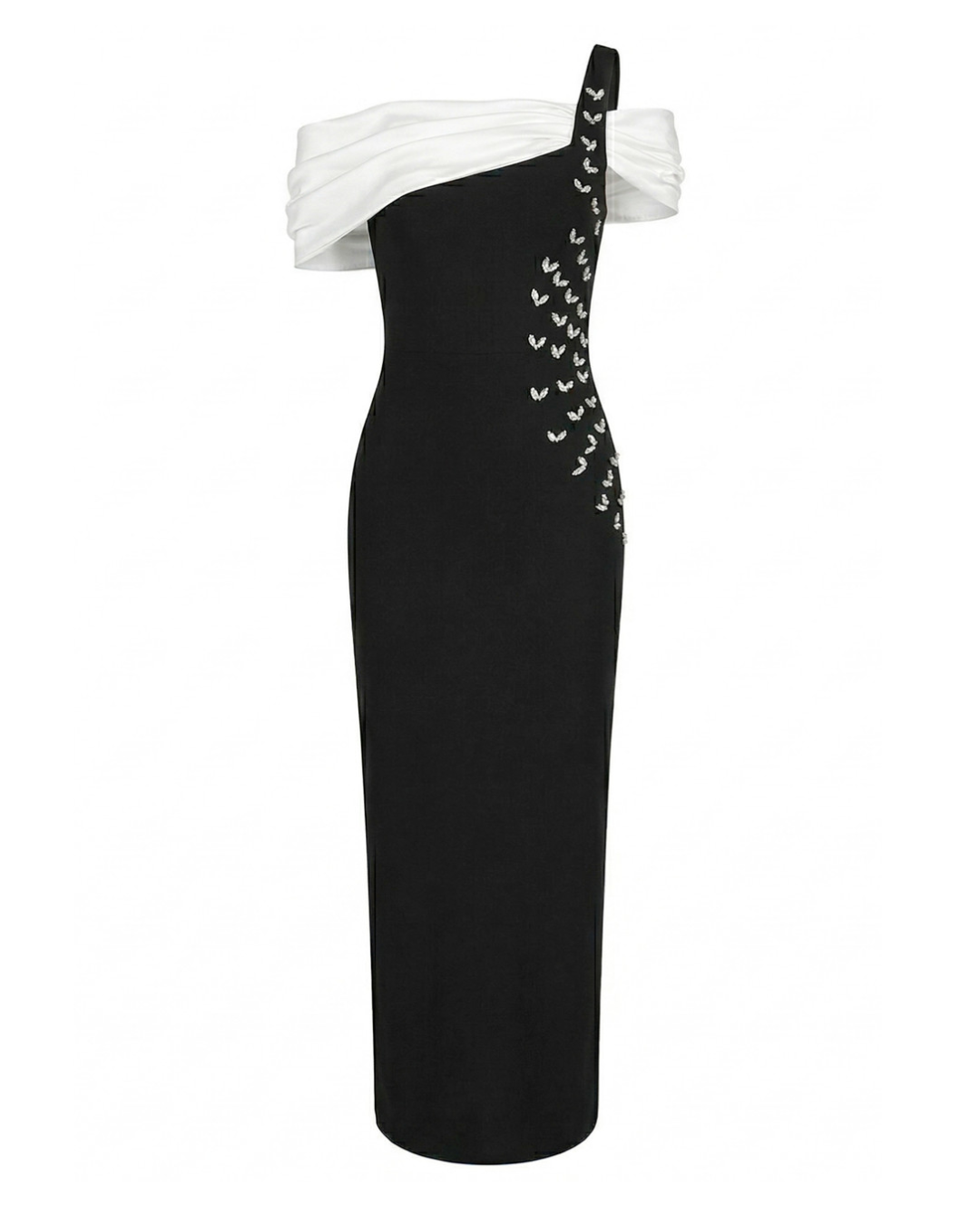 One Shoulder Bardot Crystal Maxi Dress Black White HV2900