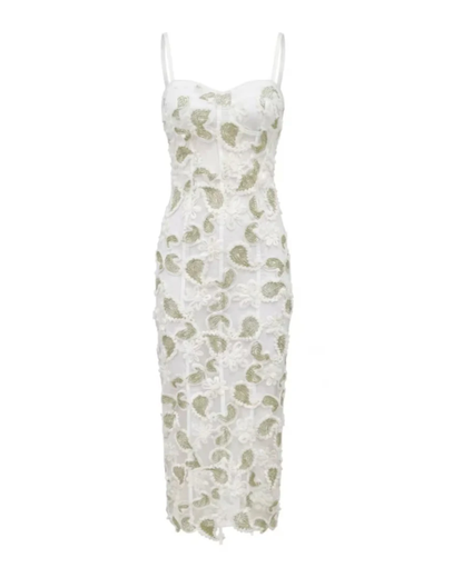 Floral Lace Midi Dress White Green HV3003