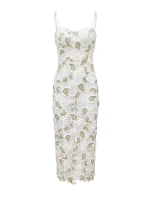 Floral Lace Midi Dress White Green HV3003