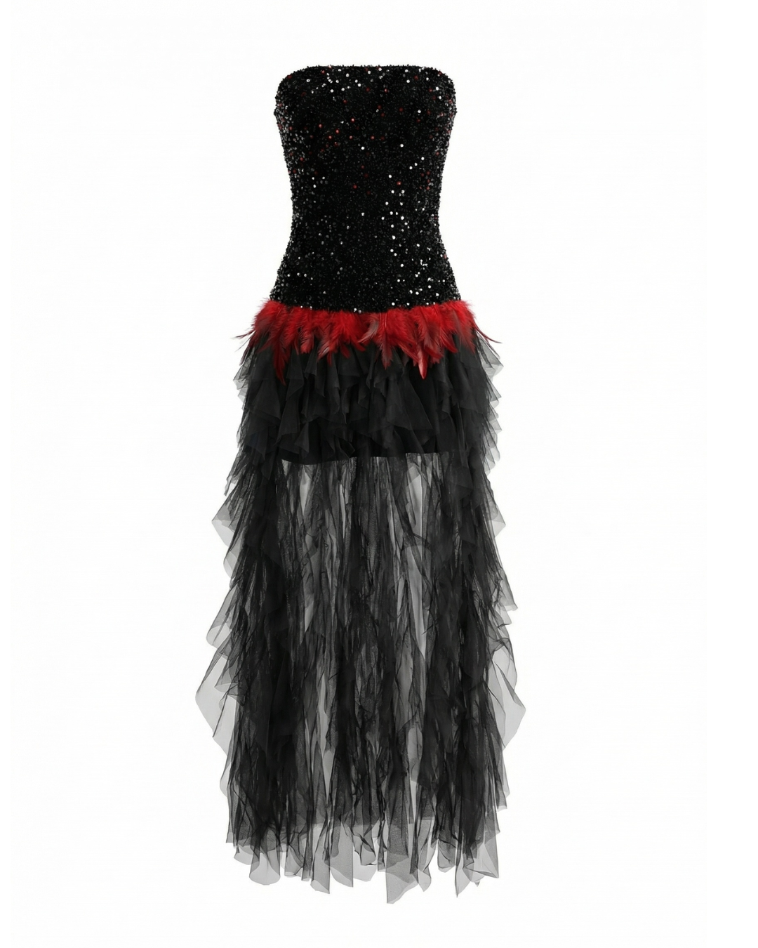 Strapless Sequin Ruffle Maxi Dress Black Red HV2760