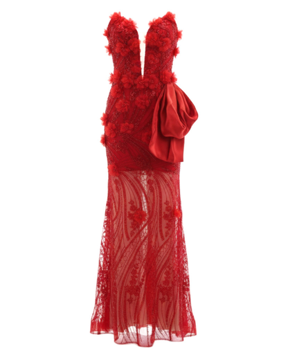 Strapless Floral Sequin Maxi Dress Red HV2729