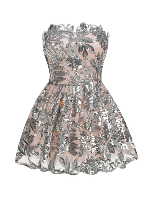Strapless Floral Sequin A Line Corset Dress Silver HV2997