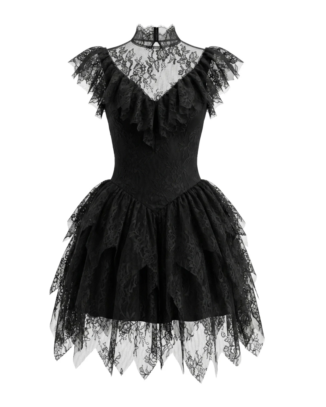 Lace Ruffle A Line Dress Black HV3001