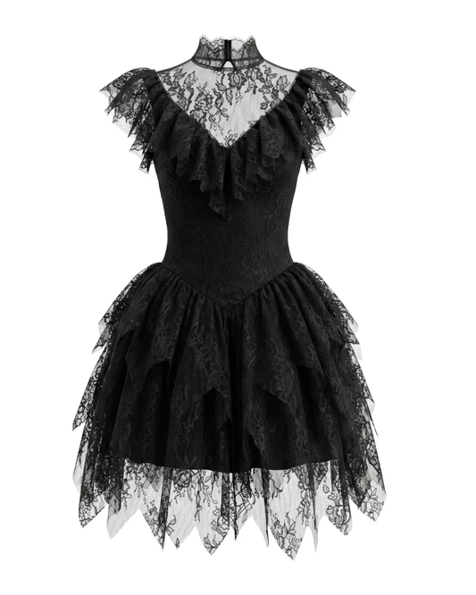 Lace Ruffle A Line Dress Black HV3001
