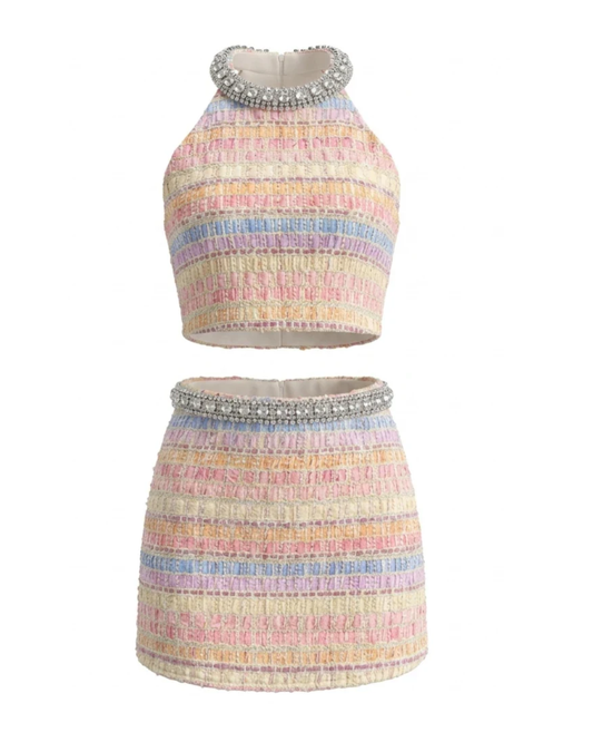 Crystal Neckline Two Piece Dress Rainbow HV2959