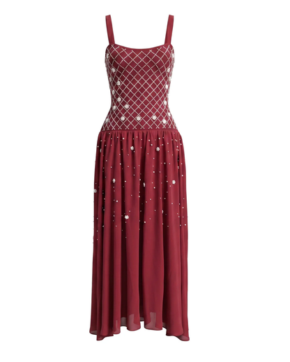 Crystal Embellished A Line Maxi Dress Dark Red HV2988
