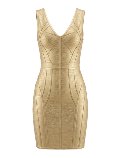 Woodgrain Foil Print Structured Dress Gold HV2994