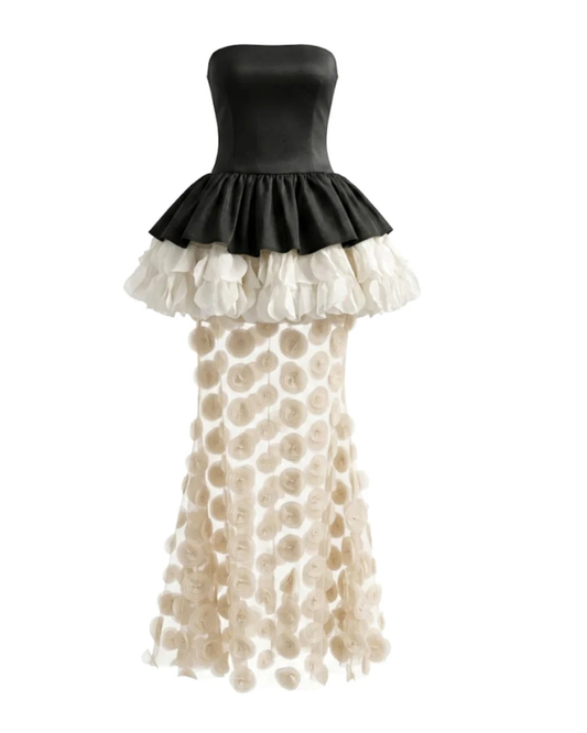 Strapless Floral Peplum Maxi Dress Black Ivory HV3025