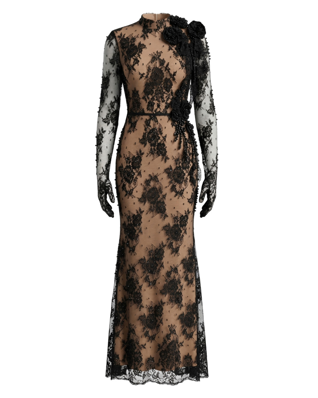 Long Sleeve Lace Backless Maxi Dress Black Nude HV2903