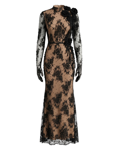Long Sleeve Lace Backless Maxi Dress Black Nude HV2903