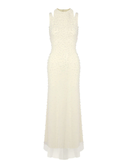 Halter Pearl Backless Maxi Dress Light Yellow HV2678