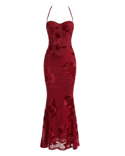 Halter Floral Strappy Backless Maxi Dress Red HV2963