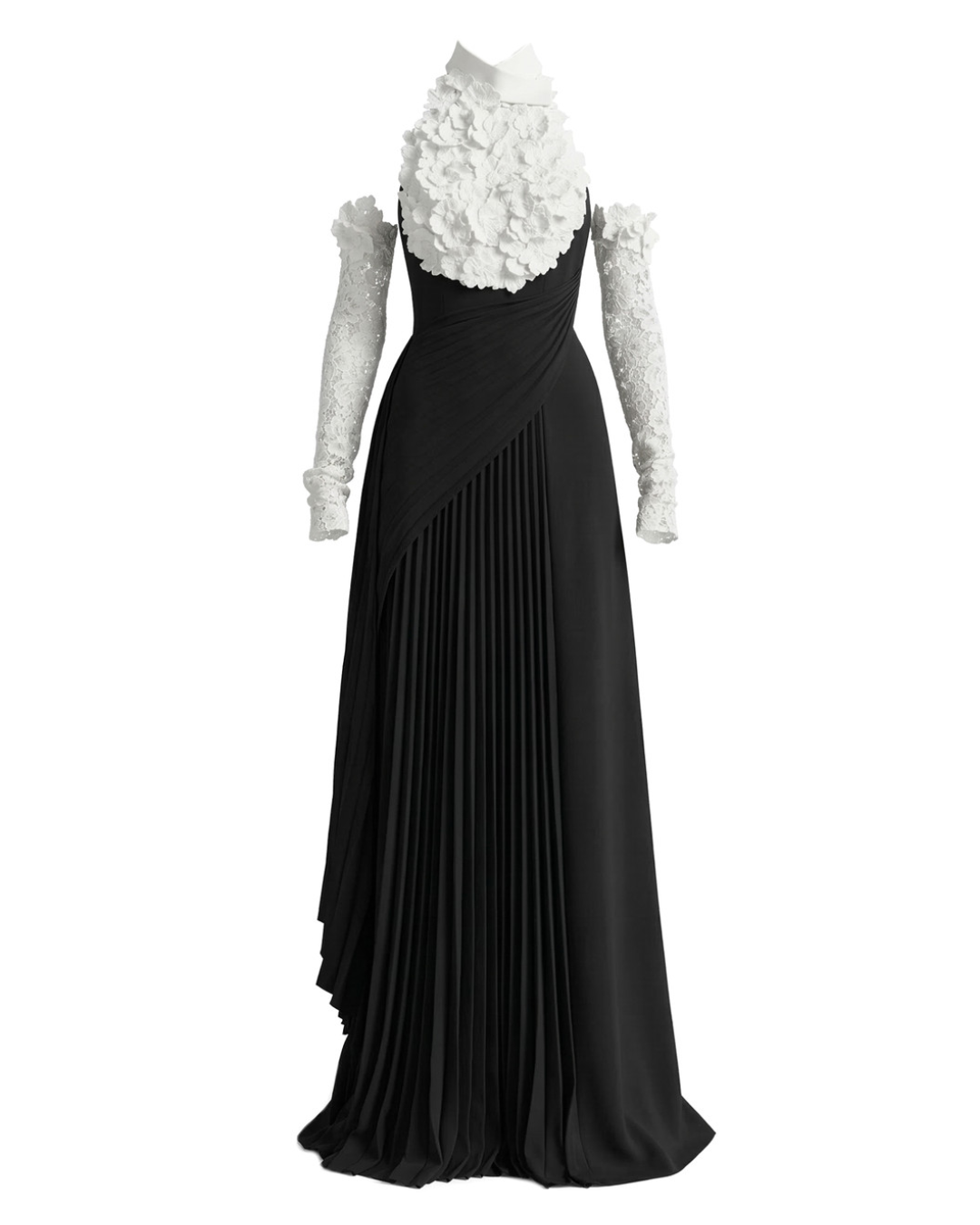 เดรสยาวคอแขวน ลายดอกไม้ อัดพลีท ทรงเอไลน์ สีดำขาว HV2838