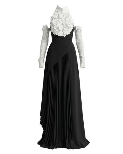 เดรสยาวคอแขวน ลายดอกไม้ อัดพลีท ทรงเอไลน์ สีดำขาว HV2838