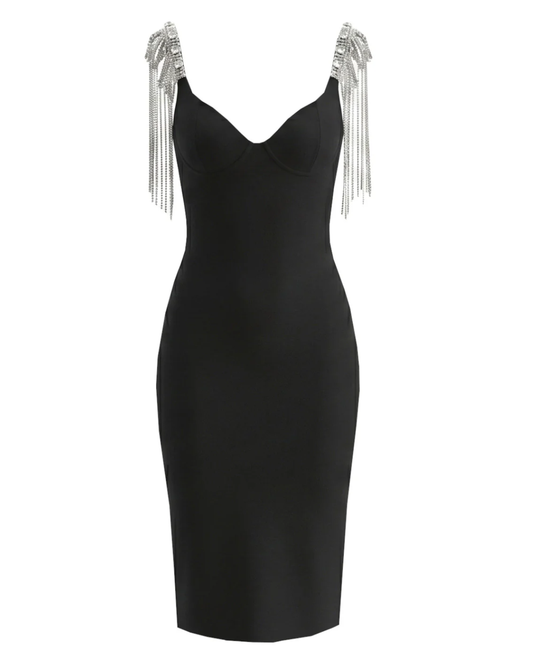 Crystal Shoulders Bustier Midi Dress Black HV2980